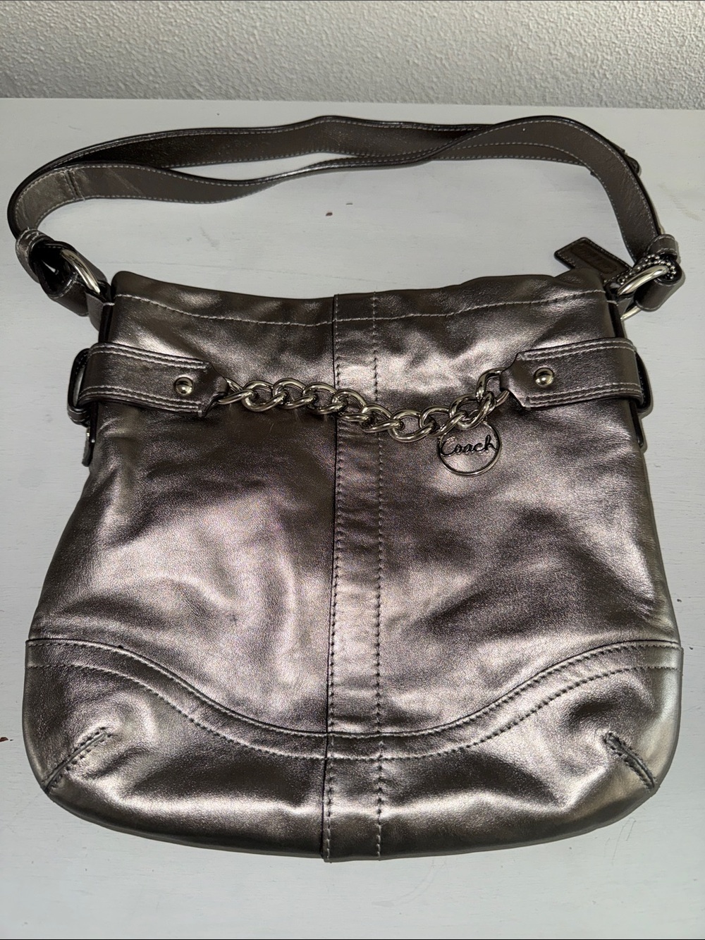 Coach F19722 Silver Leather Chain Duffle Crossbody Shoulder Bag